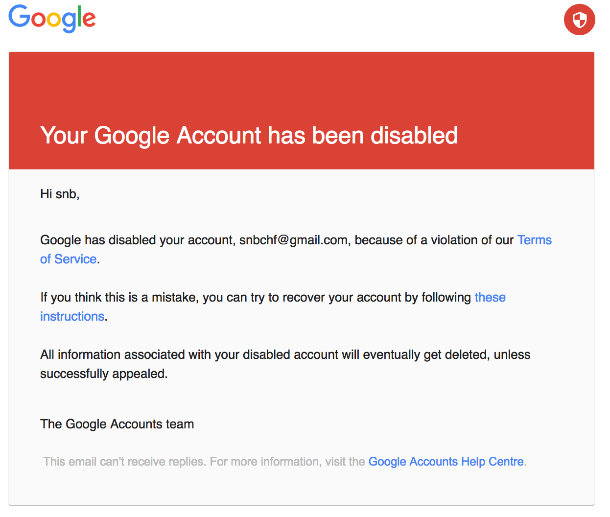 Blocked gmail account
