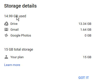 V1x Google Drive Space Usage