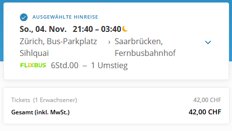Flixbus ZH Sarrebruck 21.40-3.40 42 CHF